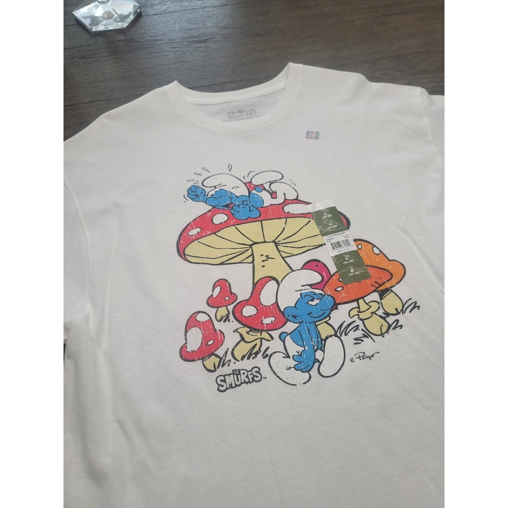 Funny The Smurfs Men's Tee New Short Sleeve T-Shirt - Smurf Mushrooms - White XL